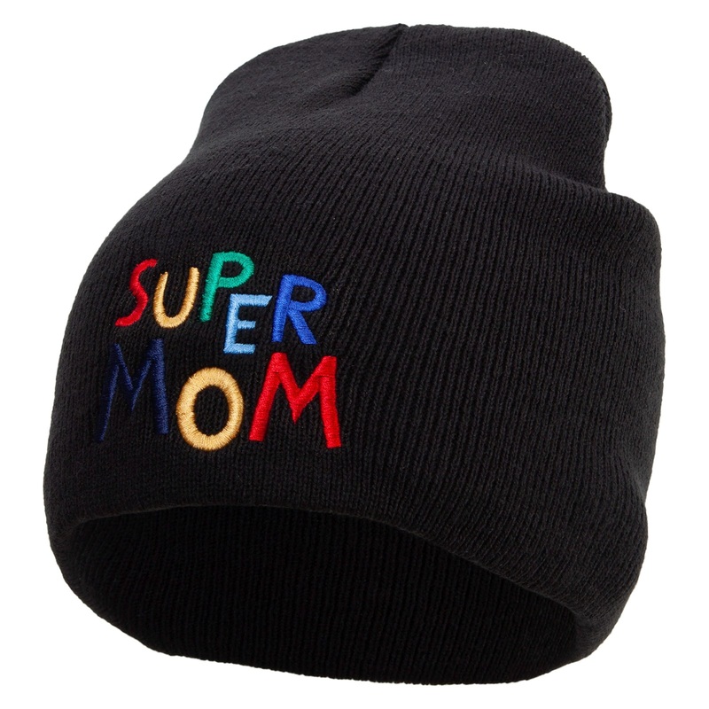 Colorful Super Mom Embroidered 8 inch Acrylic Short Beanie Black One Size