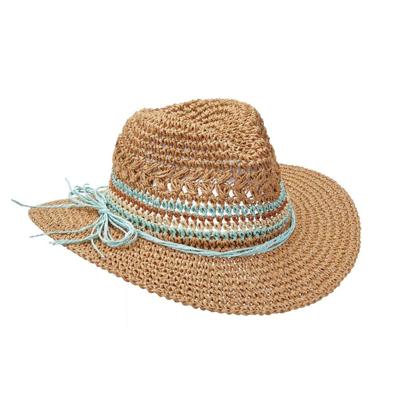 Crocheted Straw Fedora Hat with Multi Color Band – Scala Hats Turquoise Medium (57 cm)