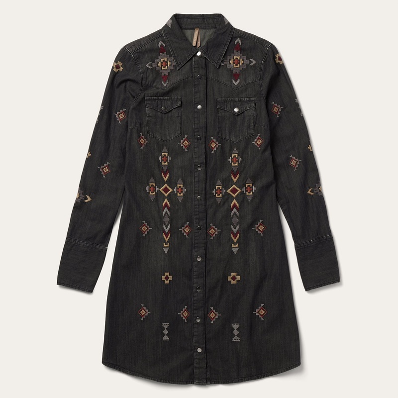 Embroidered Black Denim Shirt Dress Black XS