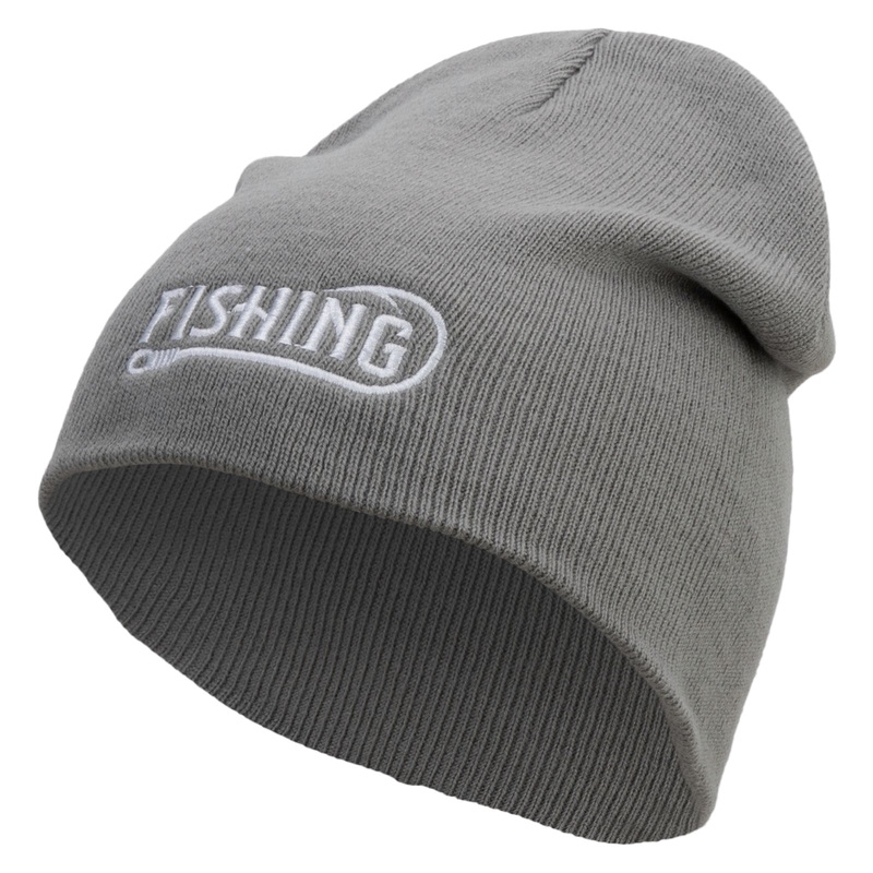 Fishing Hook Embroidered 8 inch Acrylic Short Blank Beanie Grey One Size