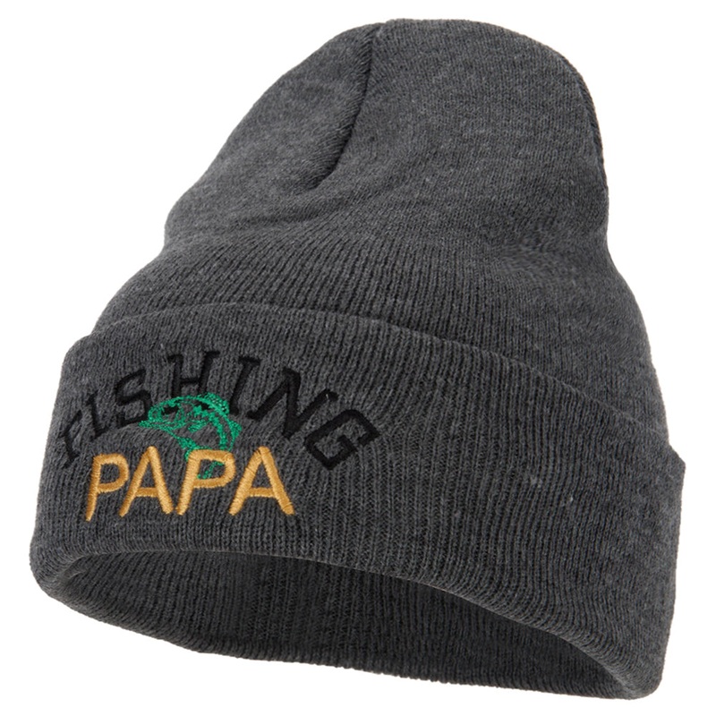 Fishing Papa Design Embroidered 12 Inch Long Knitted Beanie Dk Grey One Size