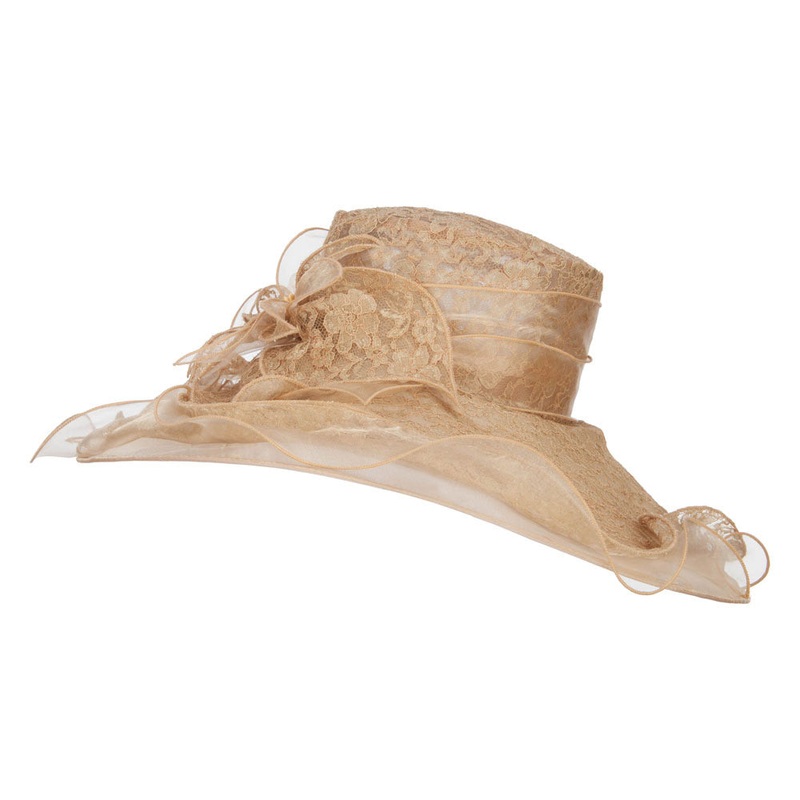 Lace Covered Wide Organza Hat Natural Gold One Size