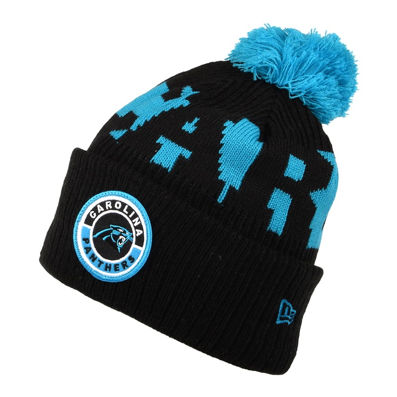 New Era Carolina Panthers Bobble Hat – NFL On Field Sport Knit – Black-Blue 1-Size
