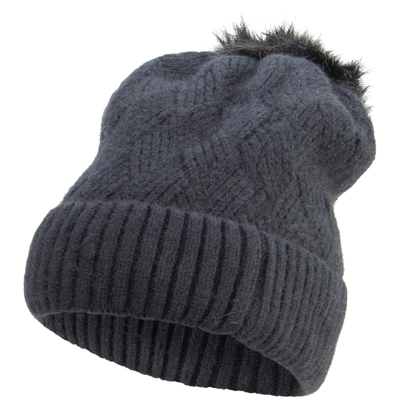 Women’s Faux Fur Pom Pom Cuff Long Beanie Black One Size