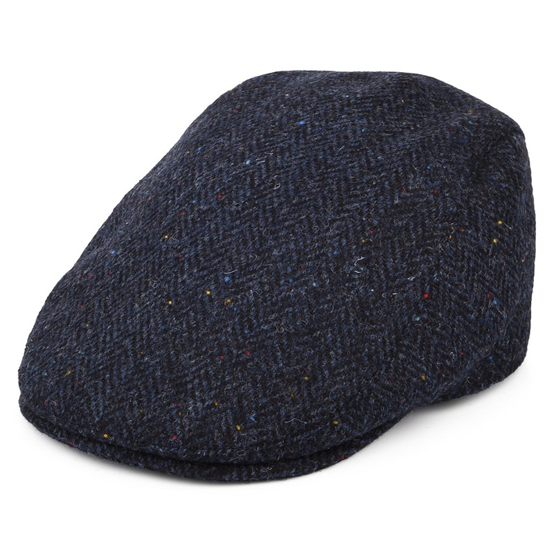 Failsworth Hats HARRIS TWEED Herringbone Oban Flat Cap with Earflaps – Navy Blue 55