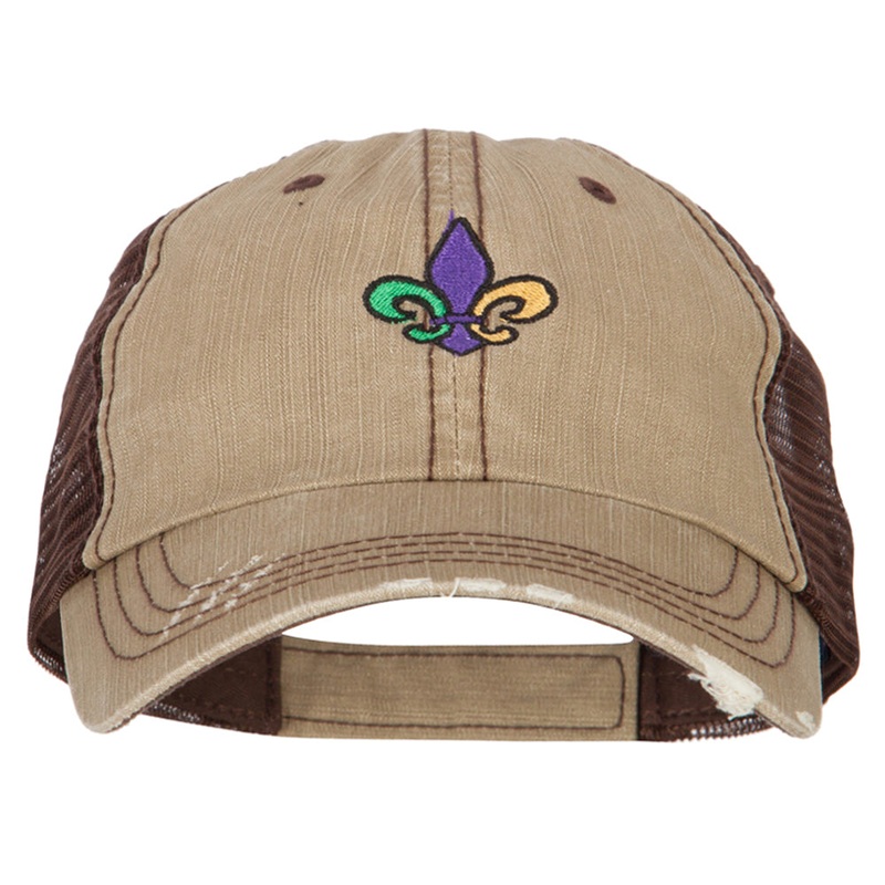 Mardi Gras Fleur de Lis Embroidered Low Profile Mesh Cap Khaki Brown One Size