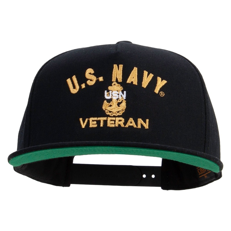 Navy USN Veteran Embroidered 5 Panel Flat Bill Twill Snapback Solid Cap Black One Size