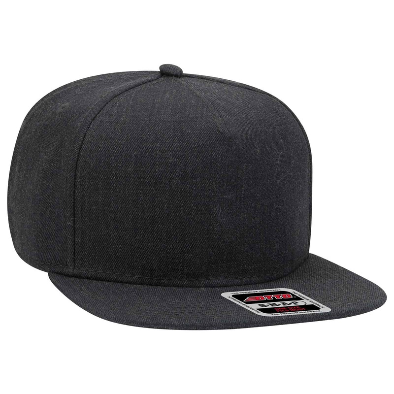 Otto 5 Panel Mid Pro Snapback Hat, Wool Blend Flat Bill Cap – 158-1176 Heath. Black