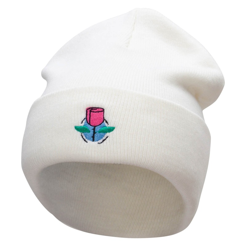Rose And Petals Embroidered 12 Inch Long Knitted Beanie White One Size