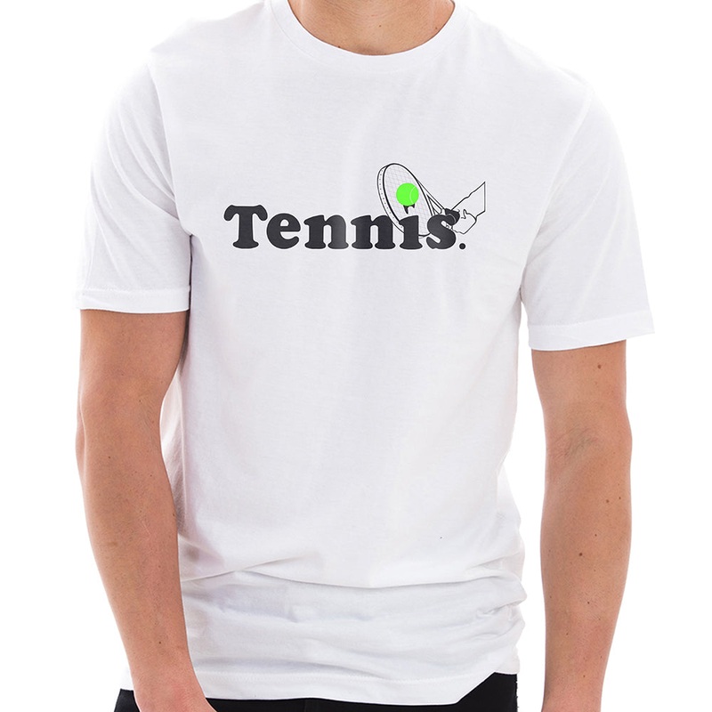 Tennis Ball and Rack Graphic Design Ring Spun Combed Cotton Short Sleeve Deluxe Jersey T-Shirt White XS