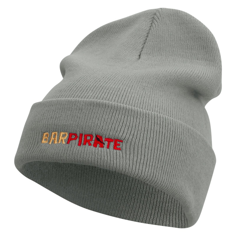 Bar Pirate Embroidered 12 inch Acrylic Cuffed Long Beanie Grey One Size