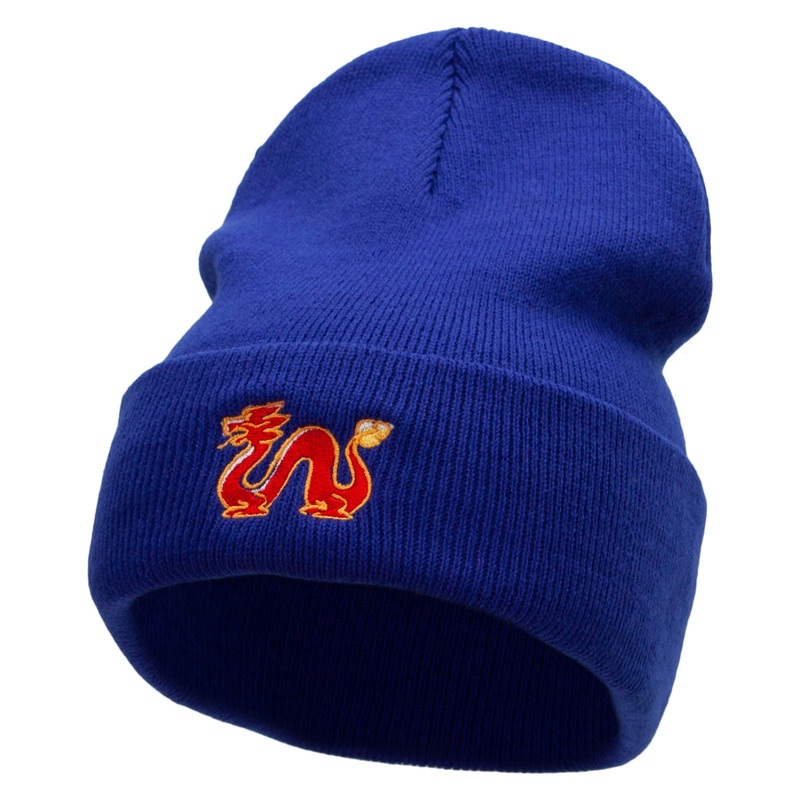 Chinese Dragon Embroidered 12 Inch Long Knitted Beanie Royal One Size