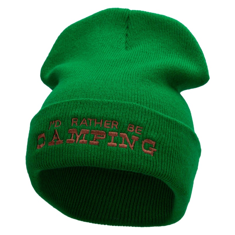 I’d Rather Be Camping Embroidered 12 Inch Solid Long Beanie Made in USA Kelly Green One Size