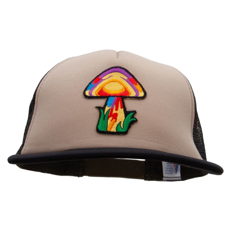 Magic Mushroom Patched Flat Bill Foam Camo Mesh Trucker Cap Khaki One Size