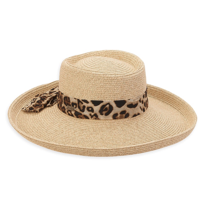 Wide Brim Gambler Hat with Animal Print Scarf – Sun ‘N’ Sand Hats Natural Medium (57 cm)