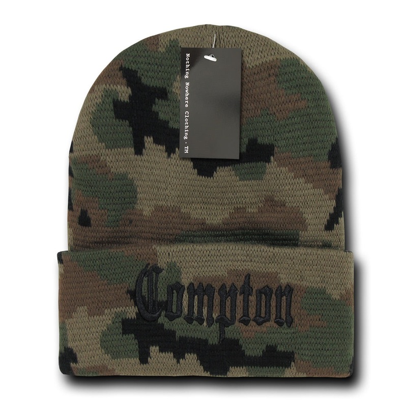 Compton City Beanie Knit Cap, Camo/Black Camo/Black