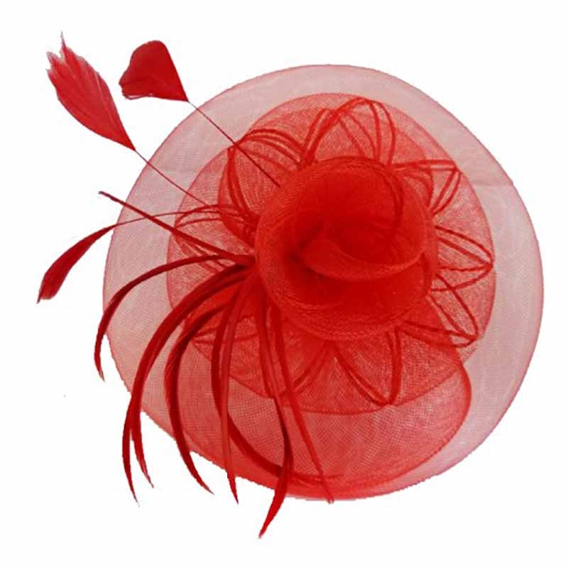 Embroidered Round Fascinator with Feather Detail Red