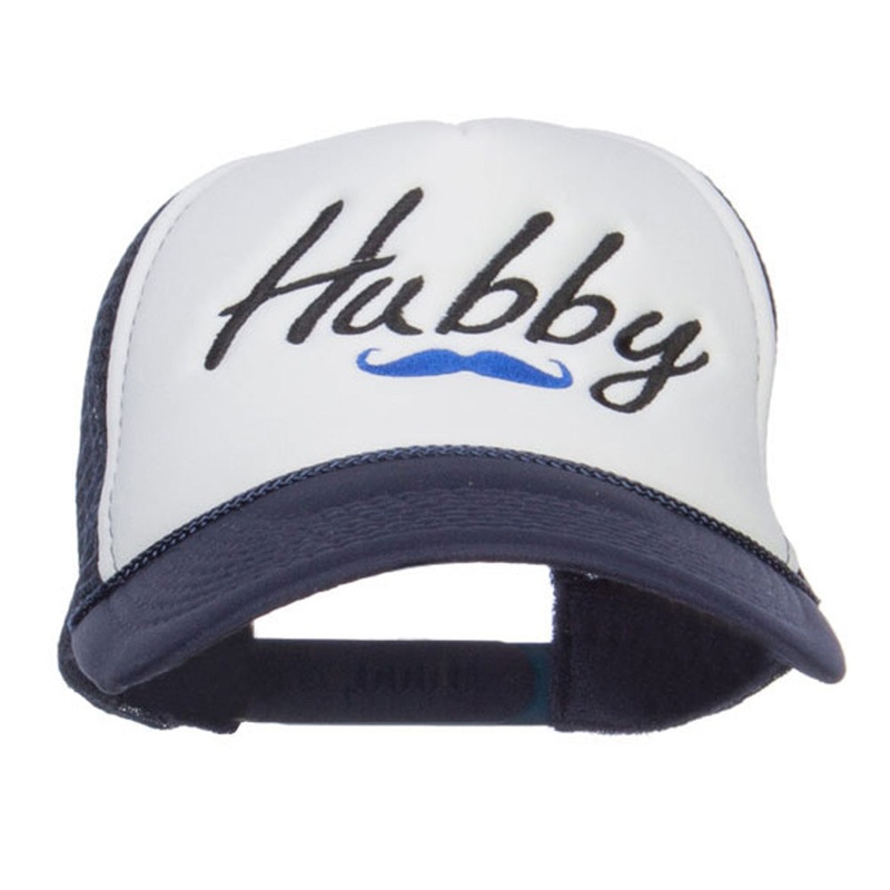 Hubby Mustache Embroidered Foam Mesh Cap Navy White One Size