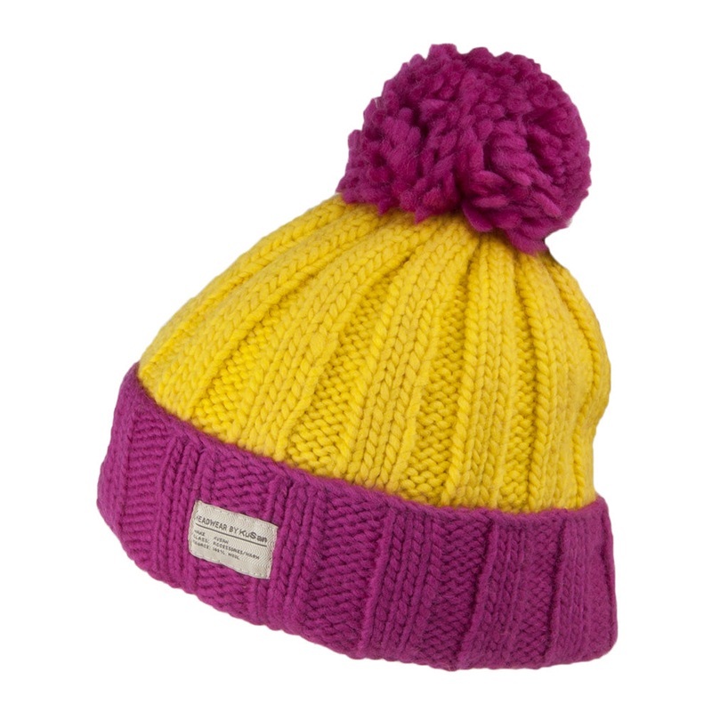 Kusan Ribbed Turn Up Bobble Hat – Pink-Yellow 1-Size