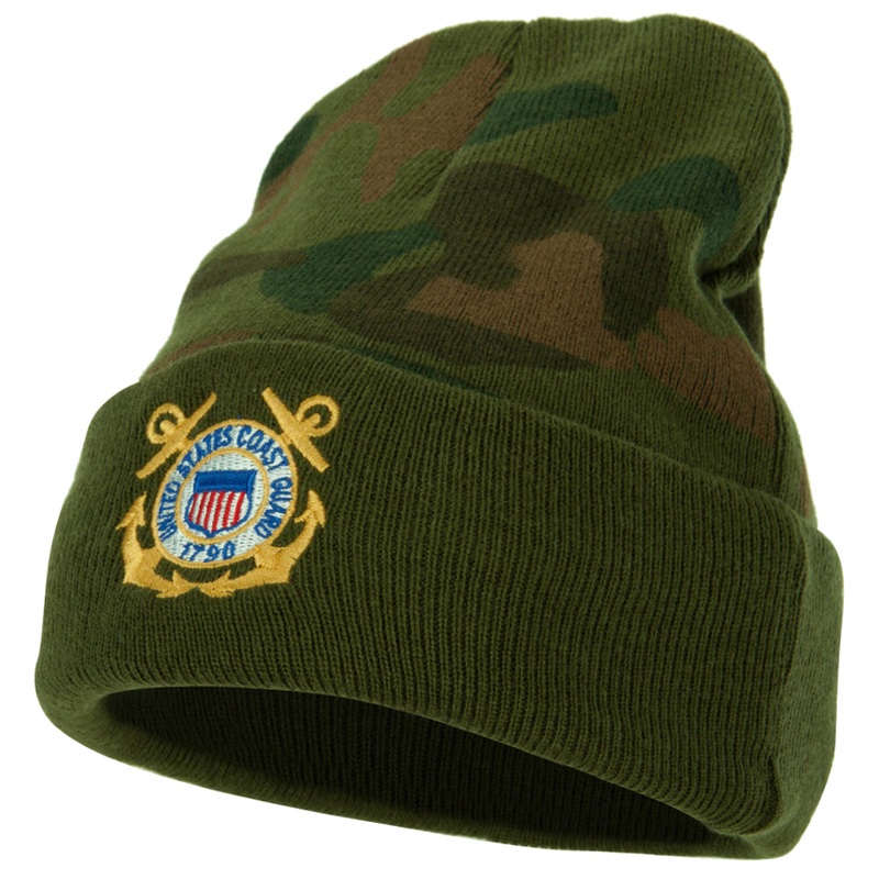 US Coast Guard Anchors Logo Embroidered Camo Long Beanie Green One Size