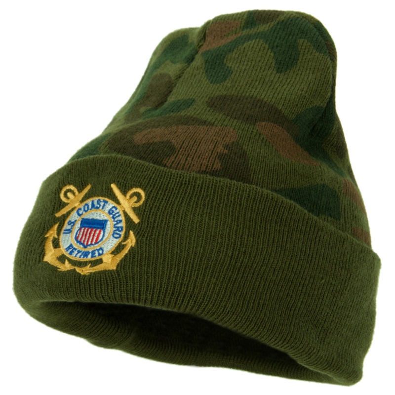 US Coast Guard Retired Anchors Embroidered Camo Long Beanie Green One Size