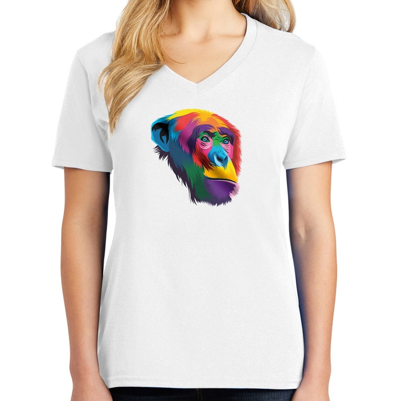 Abstract Chimpanzee Graphic Design Ladies Big Size Core Cotton V neck T-Shirt White XS