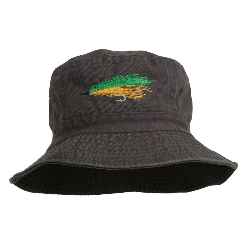 Fly Fishing Embroidered Washed Cotton Bucket Hat Charcoal One Size
