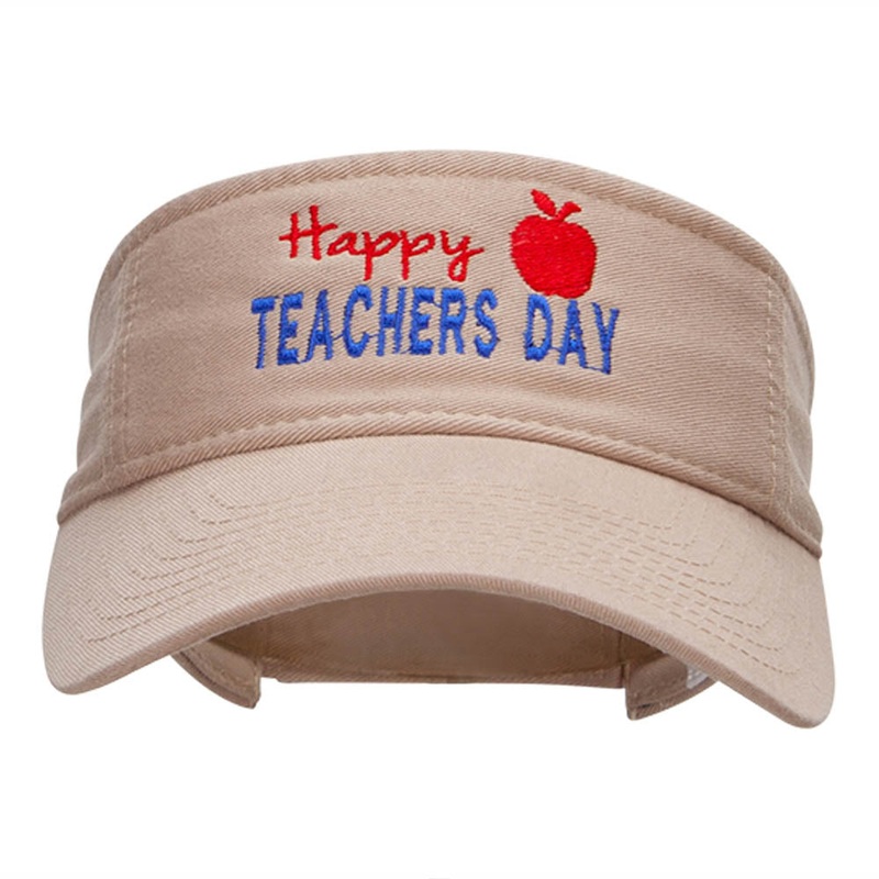 Happy Teachers Day Embroidered Cotton Twill Washed Visor Khaki One Size