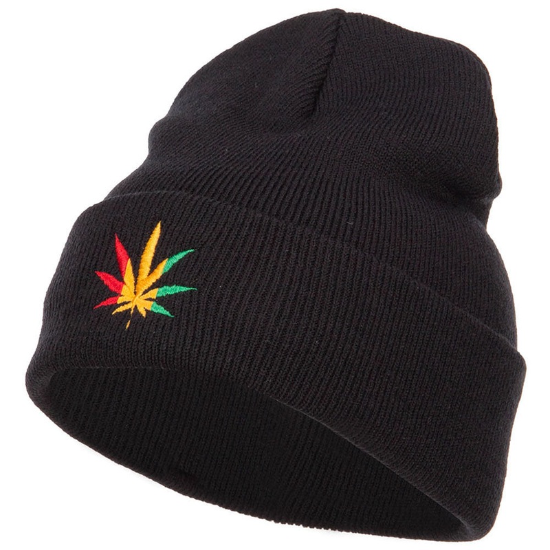 Rasta Leaf Embroidered Long Beanie Black One Size