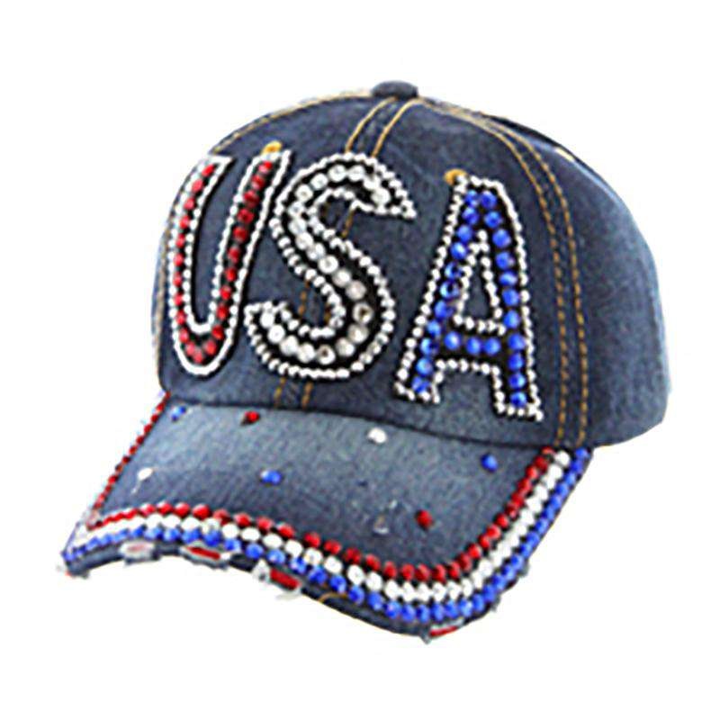 Red White and Blue USA Stone Denim Cap Dark Denim