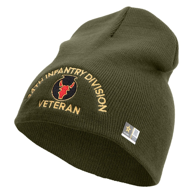 U.S. Army 34th Infantry Division Symbol Embroidered 8 Inch Solid Knit Short Beanie Made in USA Olive One Size