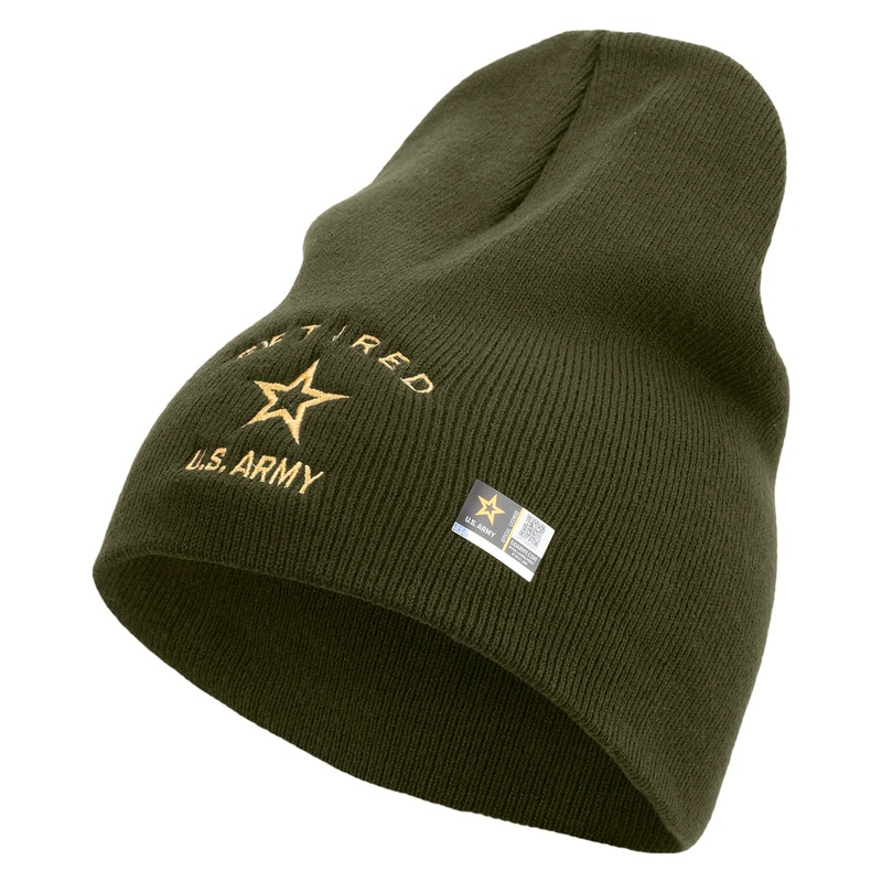 US Army Retired Military Embroidered 8 Inch Solid Knit Short Beanie Made in USA Olive One Size