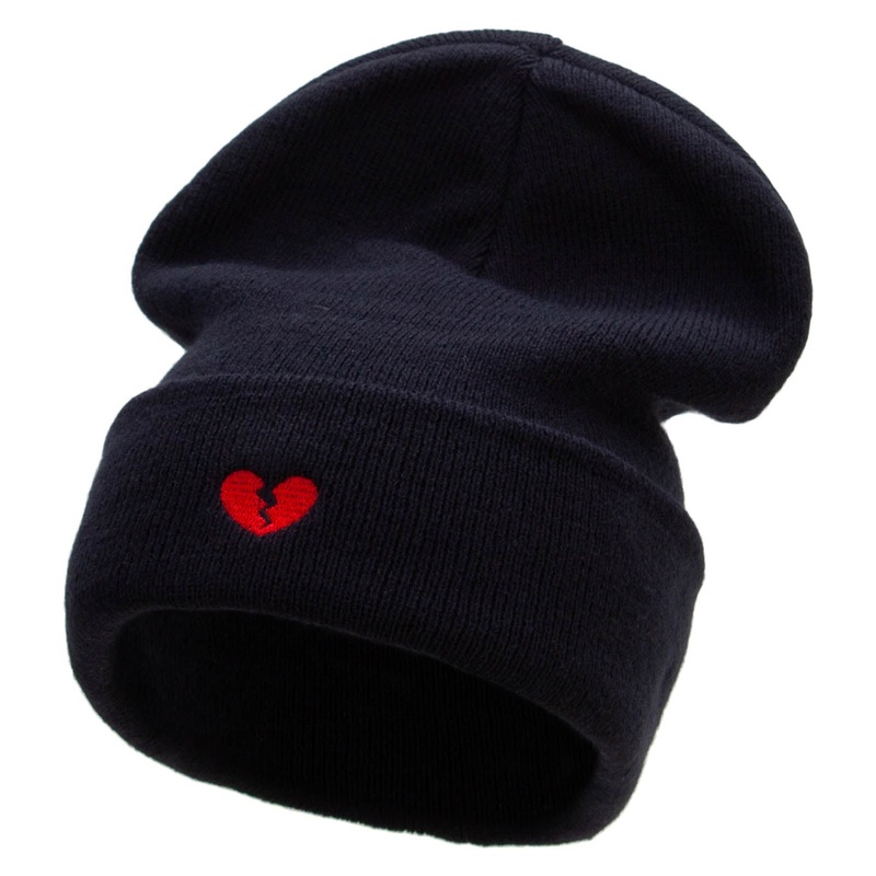 Mini Broken Heart Embroidered Big Size Acrylic Long Beanies Navy XL-3XL