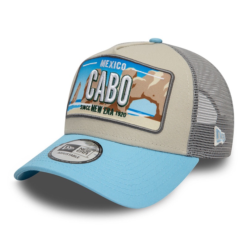 New Era Cabo A-Frame Trucker Cap – License Plate – Stone-Sky Blue Adjustable