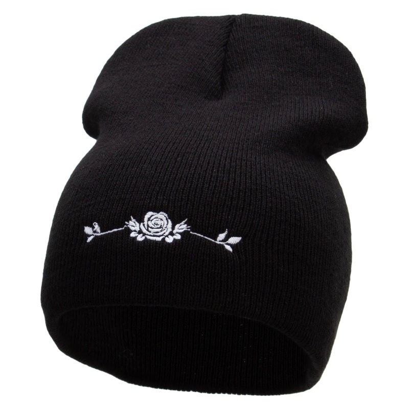 Rose with Leaves Embroidered 8 Inch Short Beanie Black One Size