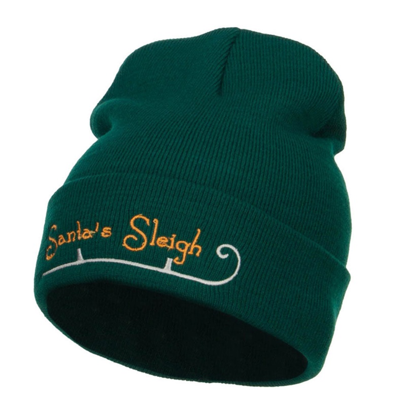 Santa’s Sleigh Embroidered Long Beanie Dk Green One Size