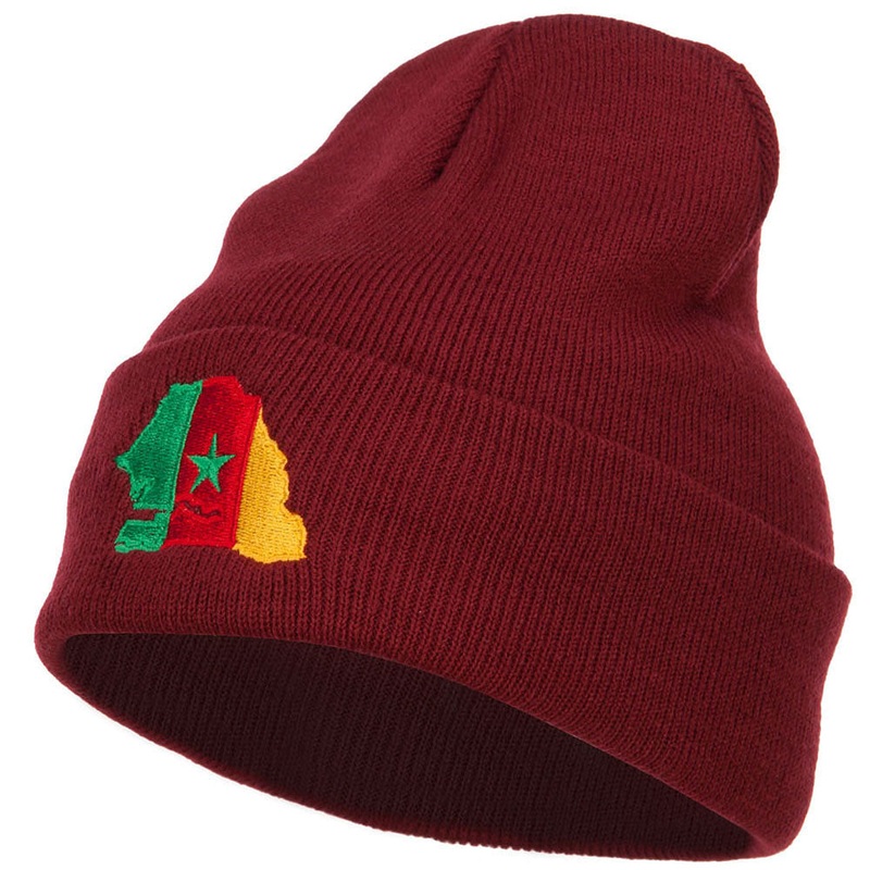 Senegal Flag Map Embroidered Long Beanie Maroon One Size