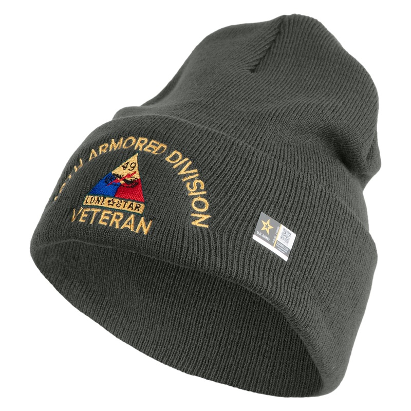 U.S. Army 49th Armored Division Logo Embroidered 12 Inch Solid Knit Cuff Long Beanie Made in USA Charcoal One Size