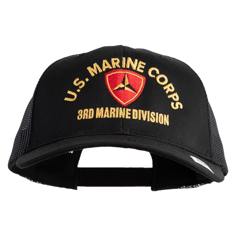 U.S. Marine Corps 3rd Marine Division Embroidered 6 Panel Structured Cotton Twill Mesh Cap Made in USA Black One Size