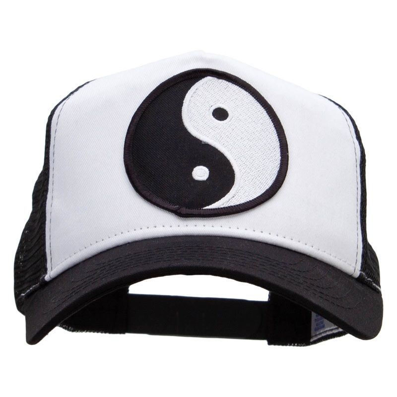 Yin Yang Black and White Patched 5 Panel High Profile Poly Cotton Twill Mesh Trucker Cap White Black One Size