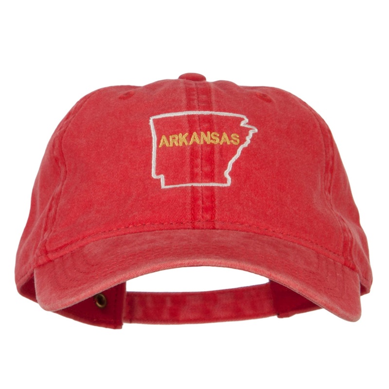 Arkansas with Map Outline Embroidered Washed Cotton Twill Cap Red One Size