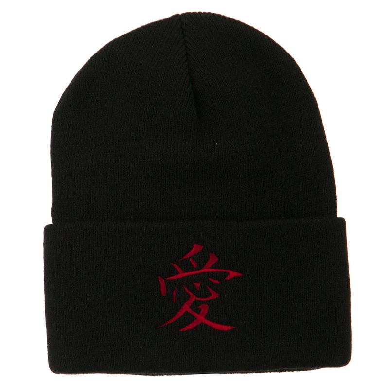 Chinese Symbol Love Embroidered Long Beanie Black One Size