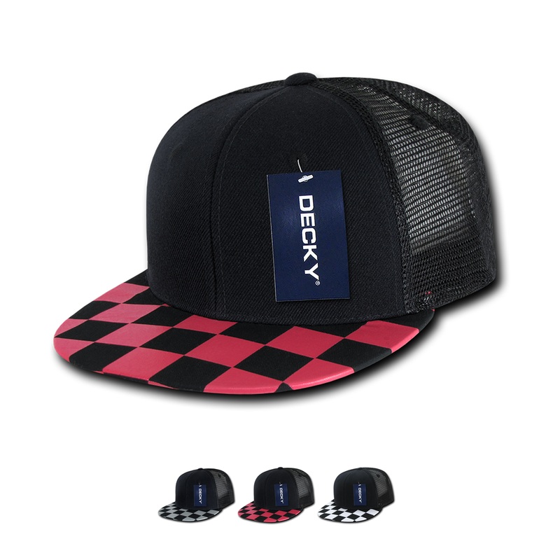 Decky 1085 Checker Bill Trucker Snapback Hat, Flat Bill Check Pattern Cap Black/Grey