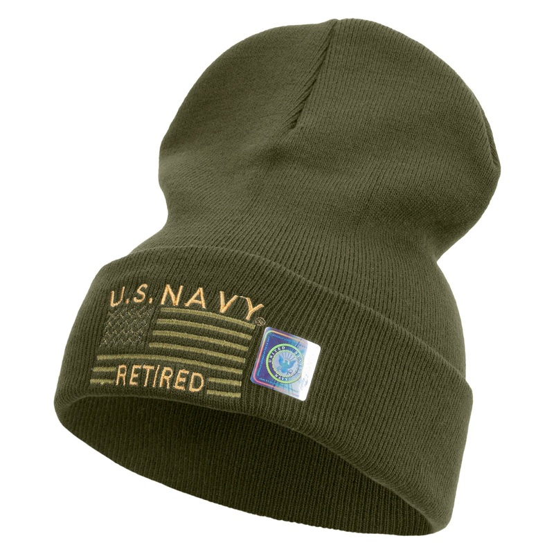 Made in USA Navy Retired Flag Symbol Embroidered 12 Inch Solid Knit Cuff Long Beanie Olive One Size