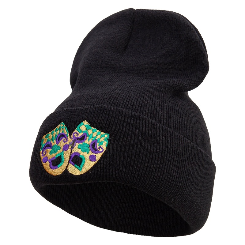 Mardi Gras Masks Logo Embroidered 12 Inch Long Knitted Beanie Black One Size
