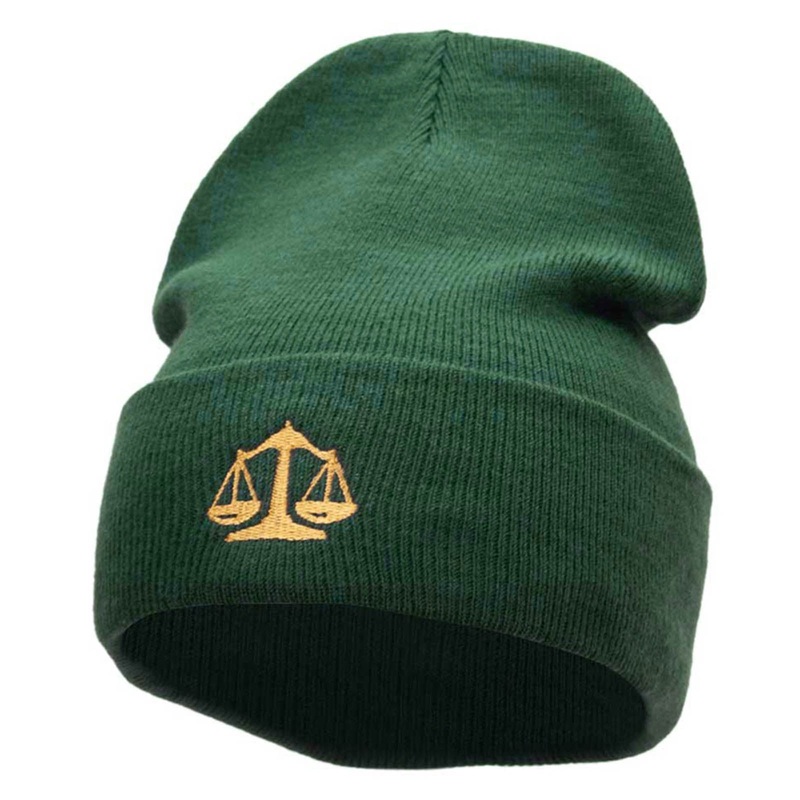 Scales Of Justice Embroidered 12 Inch Long Knitted Beanie Dk Green One Size