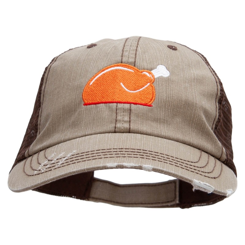 Turkey Is Served Embroidered Frayed Mesh Cap Khaki Brown One Size