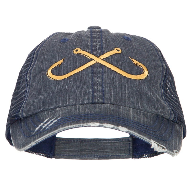 Fishing Crossed Fishhooks Embroidered Low Profile Cotton Mesh Cap Navy One Size