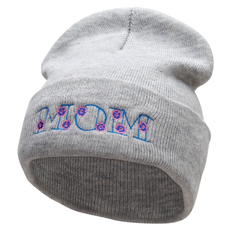 Floral Mom Embroidered 12 Inch Long Knitted Beanie Heather Grey One Size