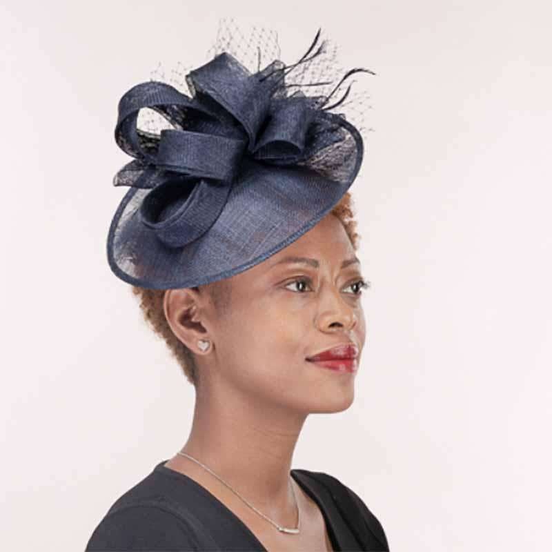 Navy Feather and Bow Sinamay Fascinator Cocktail Hat – KaKyCO Navy